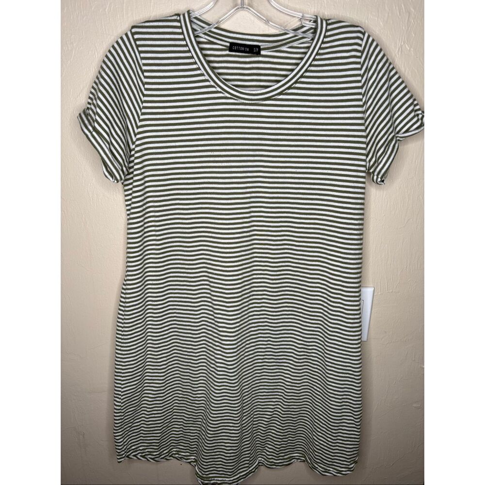 Cotton On Olive Green & White Striped T-Shirt Dress Small-129